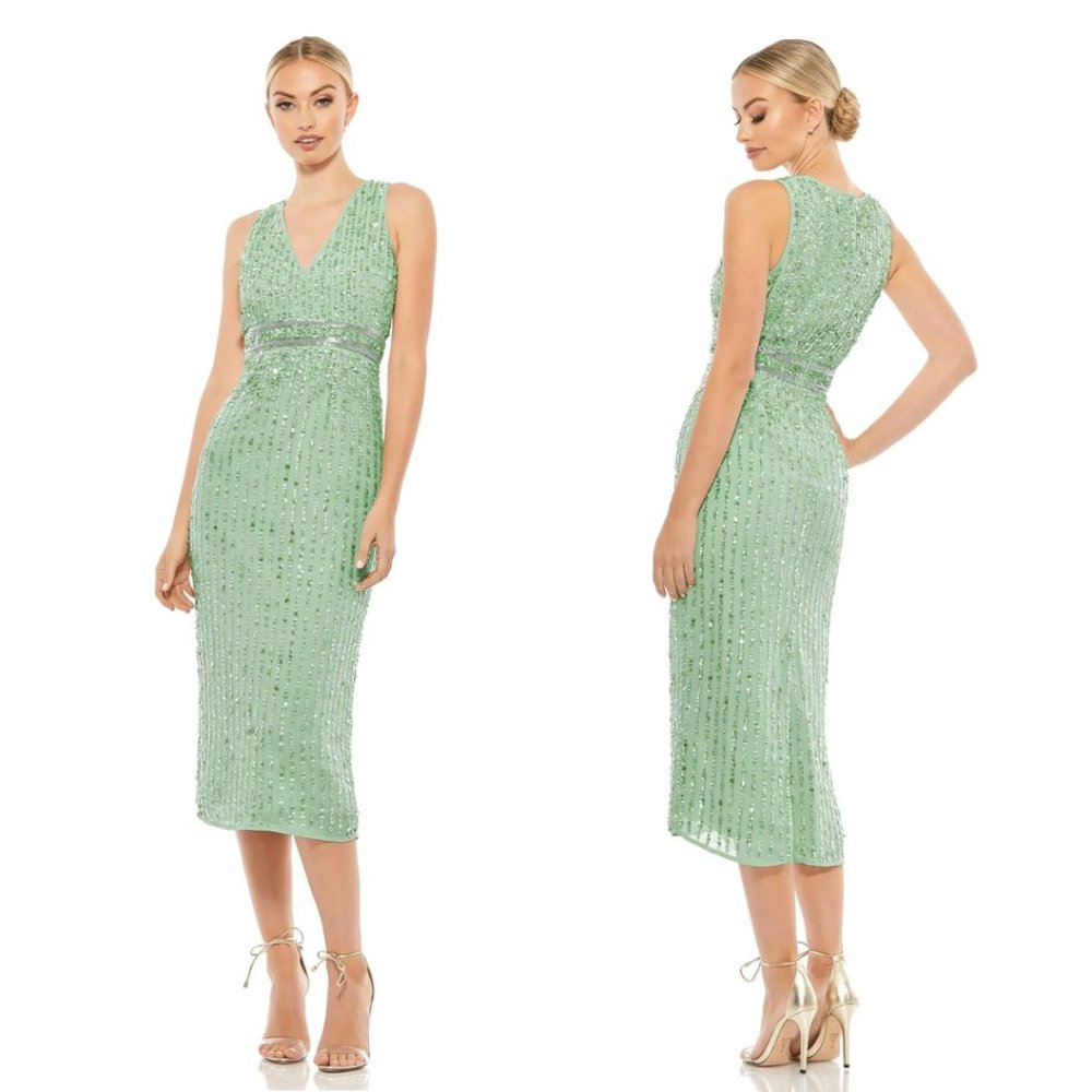 Mac Duggal | SEQUINED SLEEVELESS V-NECK MIDI SHEATH DRESS #70267